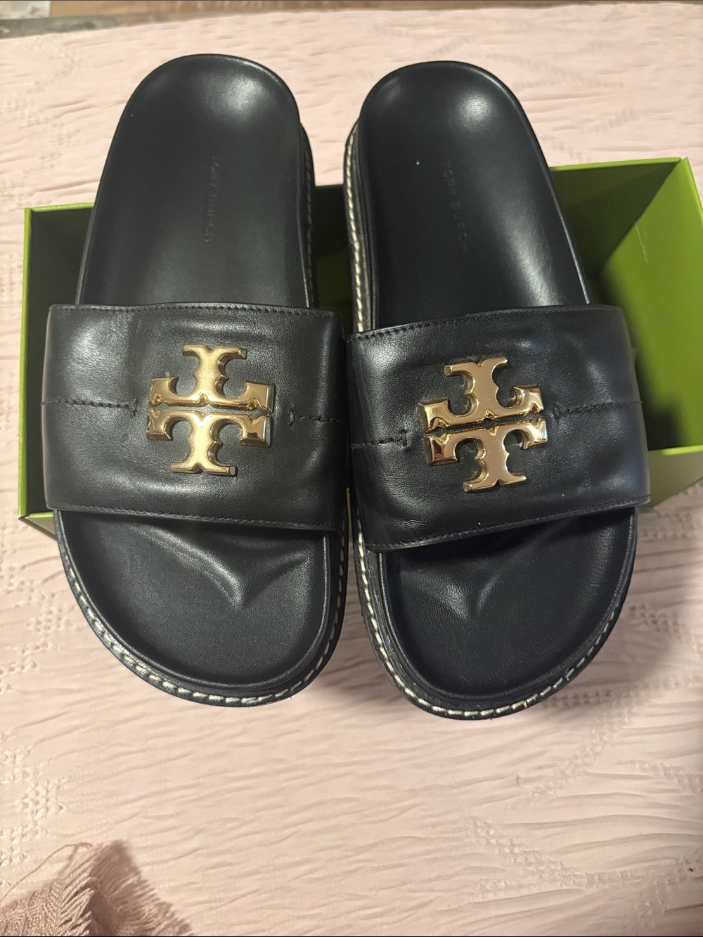 Tory Burch Black Leather Slide Sandals with Gold Logo Accent